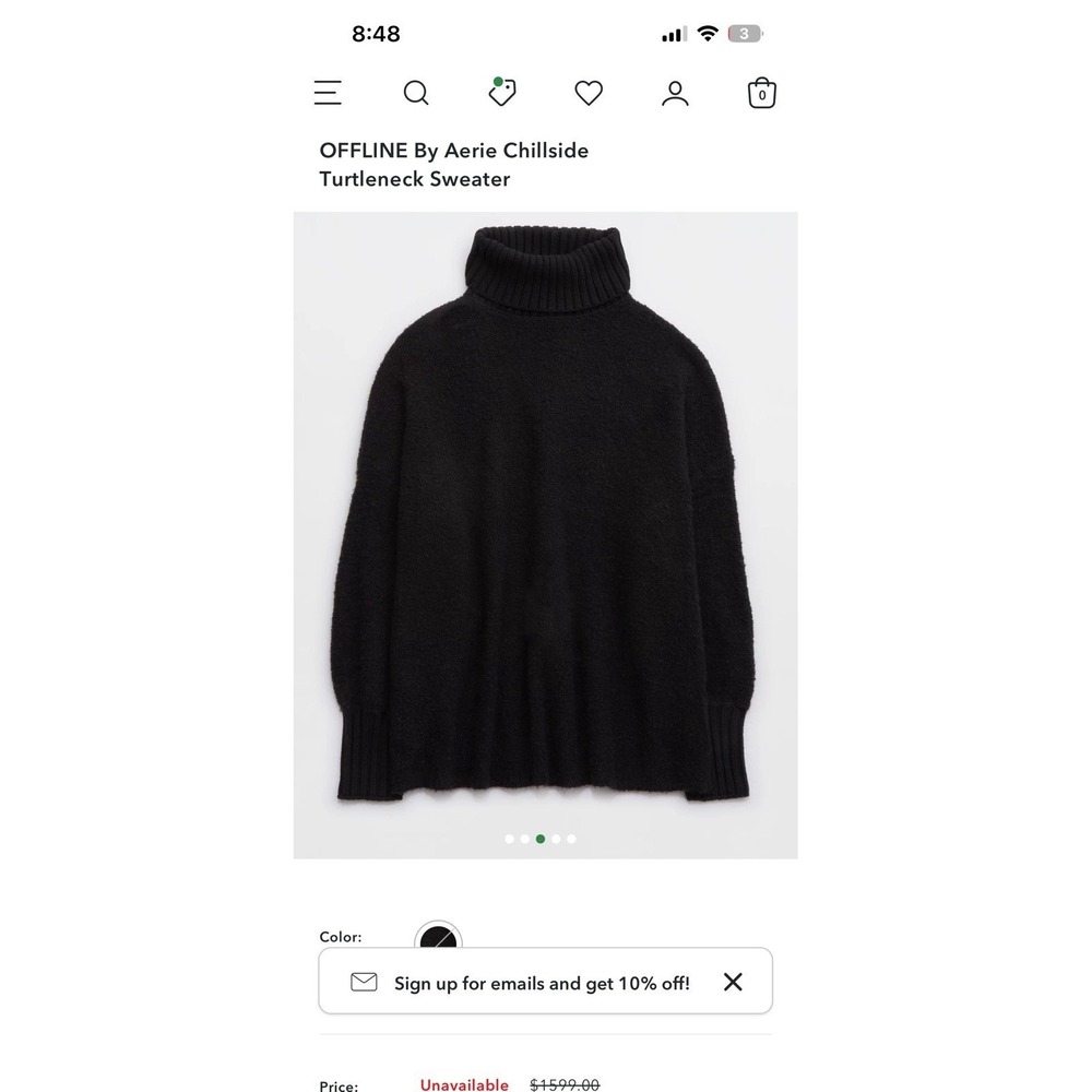 Aerie Offline Black Turtle Neck Sweater Women's Size Large‎ Oversized